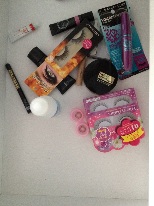 My makeup stuff. I bought most of them from Carousell and the falsies from Daiso.